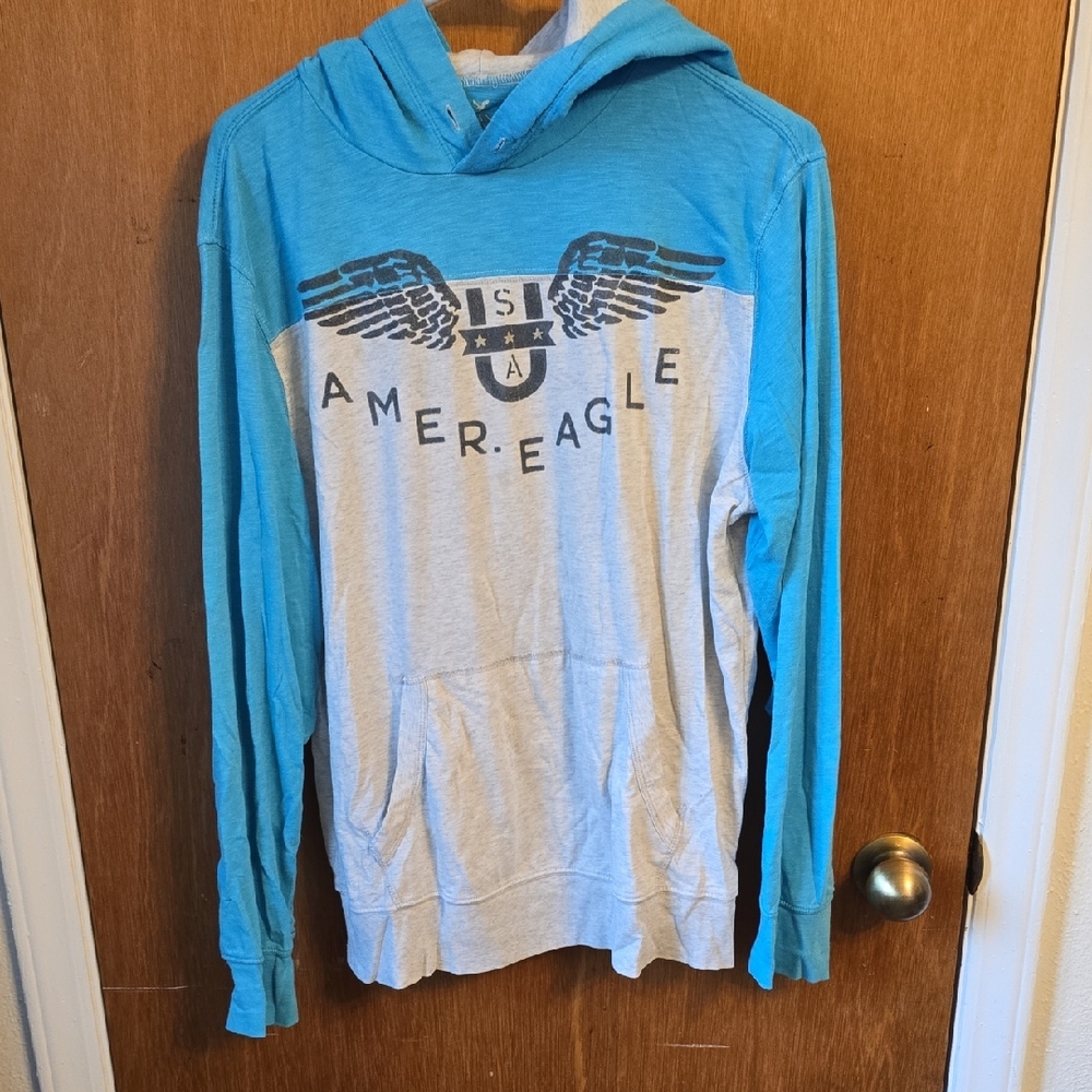American Eagle Outfitters Men’s Blue & Light Gray Zip-Up Hoodie Sweater